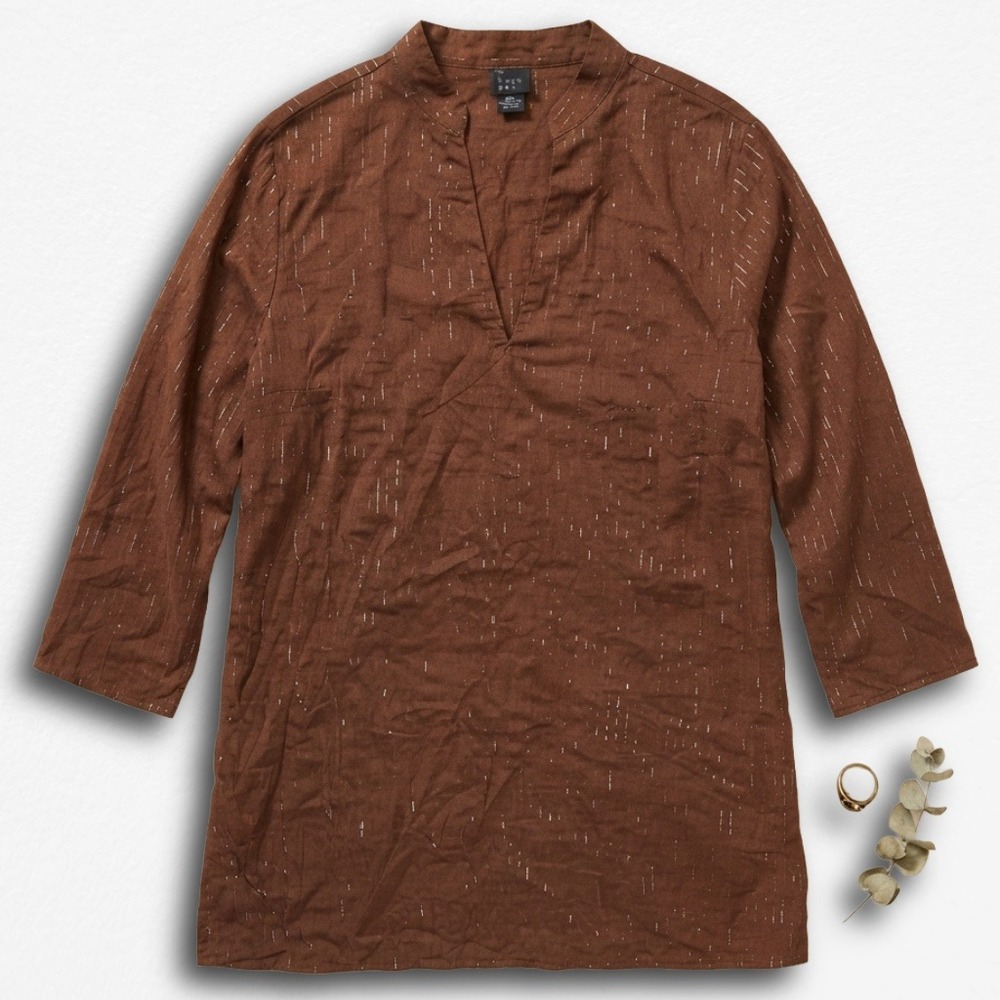 Mossimo Brown Metallic‎ Stripe V-Neck Tunic Top Womens 1X Boho 3/4 Sleeve Cotton
